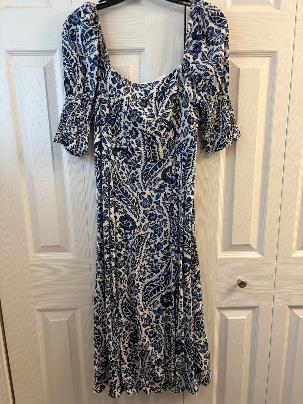 Blue Rain Navy and White Floral Square-Neck Midi Dress with Puff Sleeves